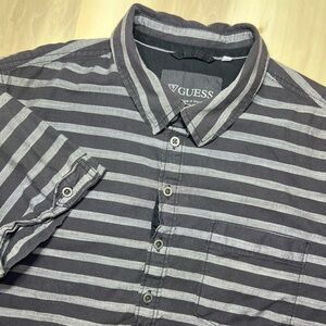 GUESS Men's Black Striped Grunge Polo Shirt Size L Straps/buttons Slim Fit